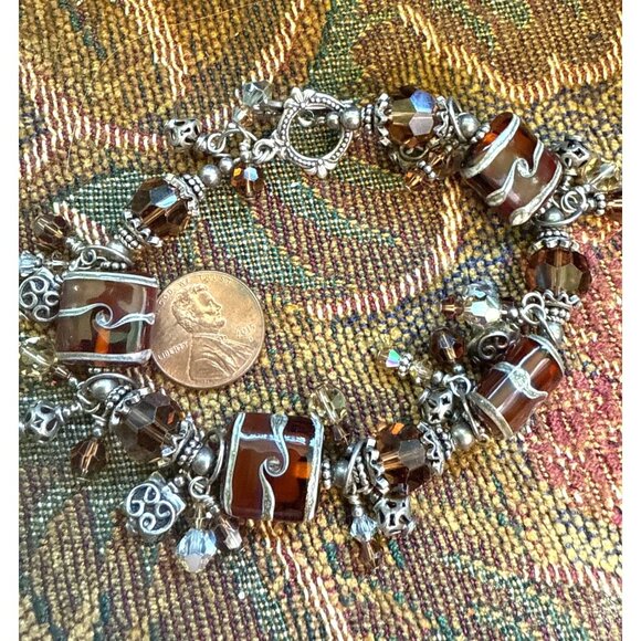 Bali Silver Tested  & Rootbeer Glass Bracelet Size 7 - Picture 6 of 6